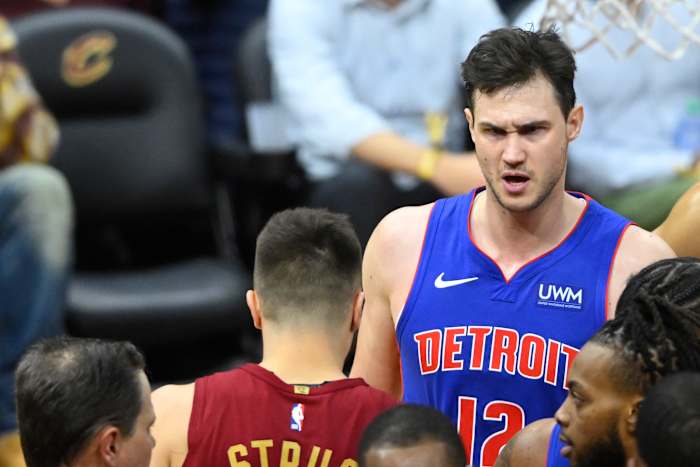 Jan 31, 2024; Cleveland, Ohio, USA; Detroit Pistons forward Danilo Gallinari (12) reacts after a play against Cleveland Cavaliers guard Max Strus (1) in the fourth quarter at Rocket Mortgage FieldHouse.